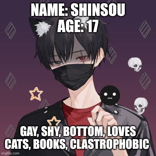 Anyone wanna Rp? | NAME: SHINSOU
AGE: 17; GAY, SHY, BOTTOM, LOVES CATS, BOOKS, CLASTROPHOBIC | image tagged in anime,roleplaying | made w/ Imgflip meme maker