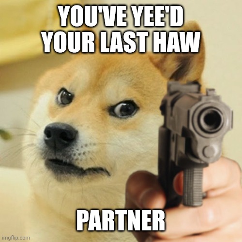 Doge holding a gun | YOU'VE YEE'D YOUR LAST HAW PARTNER | image tagged in doge holding a gun | made w/ Imgflip meme maker