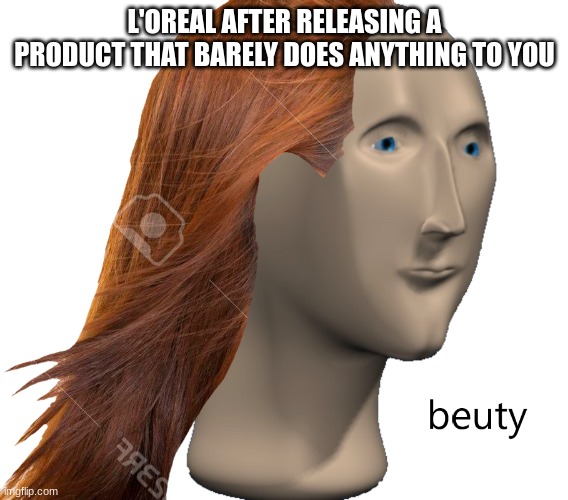 I had no idea for a meme so... | L'OREAL AFTER RELEASING A PRODUCT THAT BARELY DOES ANYTHING TO YOU | image tagged in beuty,meme man | made w/ Imgflip meme maker
