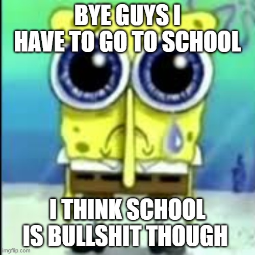 spunch bop sad | BYE GUYS I HAVE TO GO TO SCHOOL; I THINK SCHOOL IS BULLSHIT THOUGH | image tagged in spunch bop sad | made w/ Imgflip meme maker