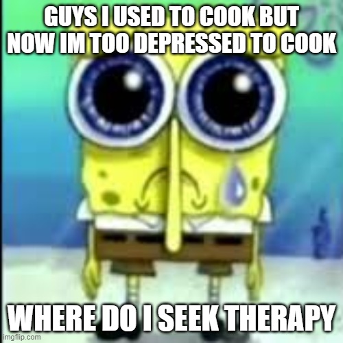 spunch bop sad | GUYS I USED TO COOK BUT NOW IM TOO DEPRESSED TO COOK; WHERE DO I SEEK THERAPY | image tagged in spunch bop sad | made w/ Imgflip meme maker