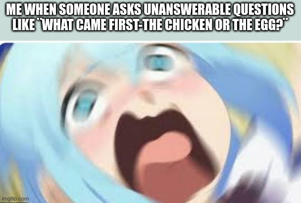 MAKE IT STOPPPP PLSSS!!! | ME WHEN SOMEONE ASKS UNANSWERABLE QUESTIONS LIKE ¨WHAT CAME FIRST-THE CHICKEN OR THE EGG?¨ | image tagged in aqua konosuba,memes,anime,anime meme,questions,make it stop | made w/ Imgflip meme maker