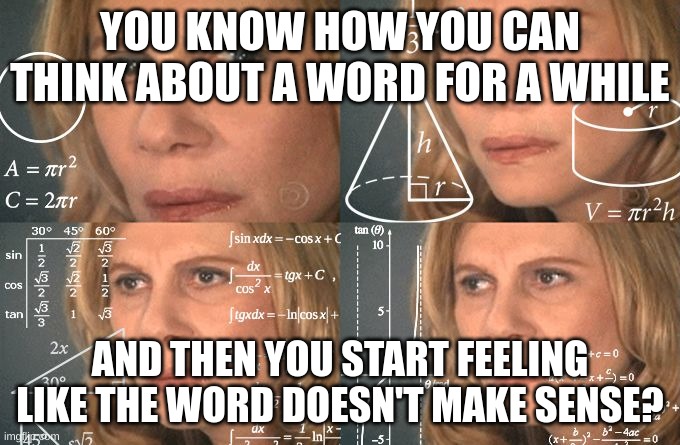 Calculating meme | YOU KNOW HOW YOU CAN THINK ABOUT A WORD FOR A WHILE; AND THEN YOU START FEELING LIKE THE WORD DOESN'T MAKE SENSE? | image tagged in calculating meme | made w/ Imgflip meme maker