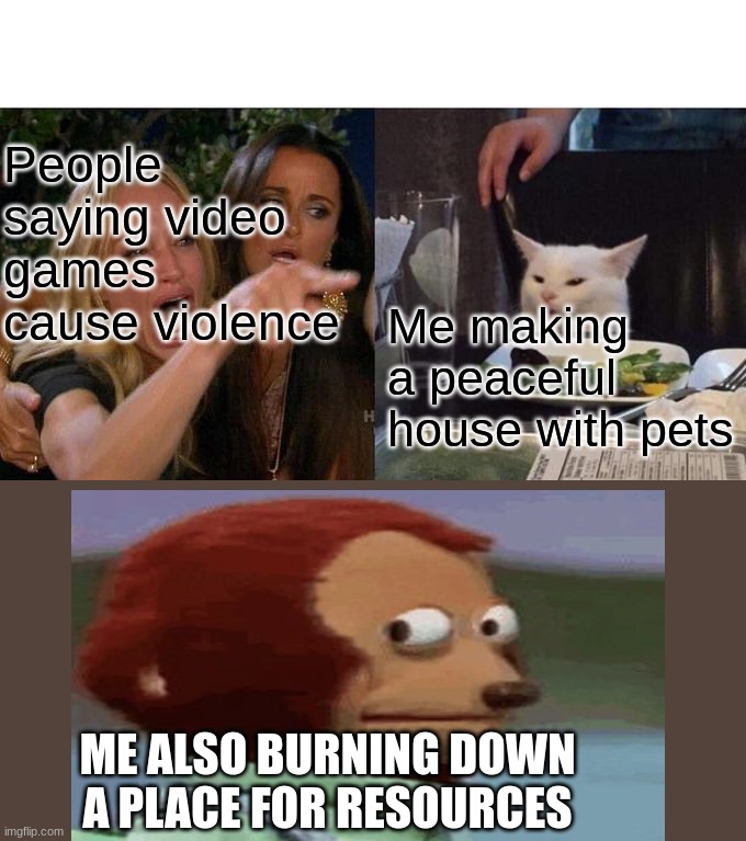 Video game haters | People saying video games cause violence; Me making a peaceful house with pets; ME ALSO BURNING DOWN A PLACE FOR RESOURCES | image tagged in memes,woman yelling at cat | made w/ Imgflip meme maker