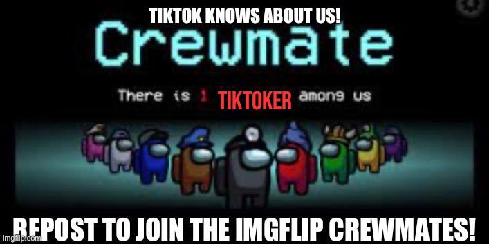 TikTok knows about us! Repost! | TIKTOK KNOWS ABOUT US! TIKTOKER; REPOST TO JOIN THE IMGFLIP CREWMATES! | image tagged in tiktok sucks | made w/ Imgflip meme maker