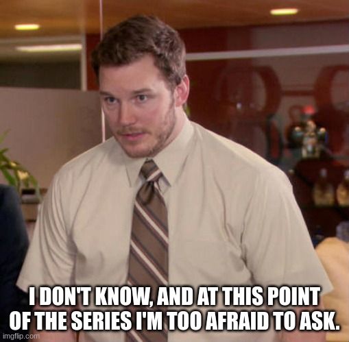 I don't know what x is and I'm afraid to ask | I DON'T KNOW, AND AT THIS POINT OF THE SERIES I'M TOO AFRAID TO ASK. | image tagged in i don't know what x is and i'm afraid to ask | made w/ Imgflip meme maker