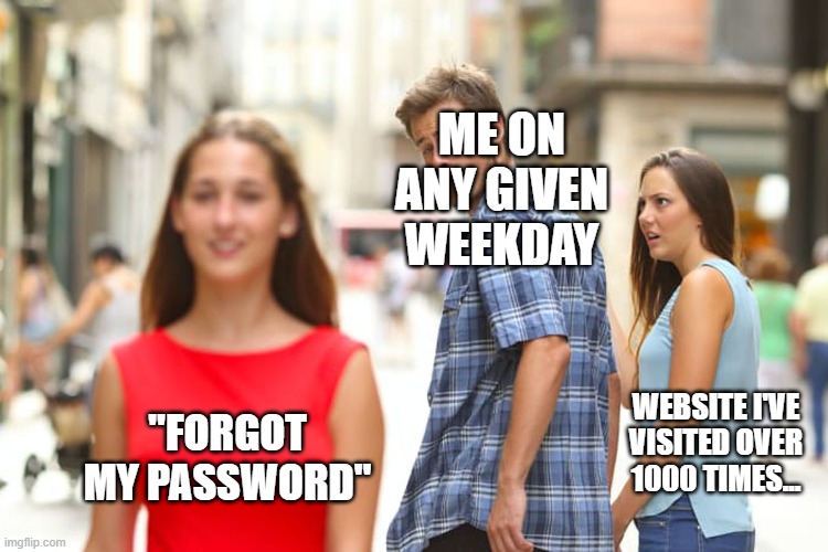 Remembering your password be like... | ME ON ANY GIVEN WEEKDAY; "FORGOT MY PASSWORD"; WEBSITE I'VE VISITED OVER 1000 TIMES... | image tagged in memes,distracted boyfriend | made w/ Imgflip meme maker
