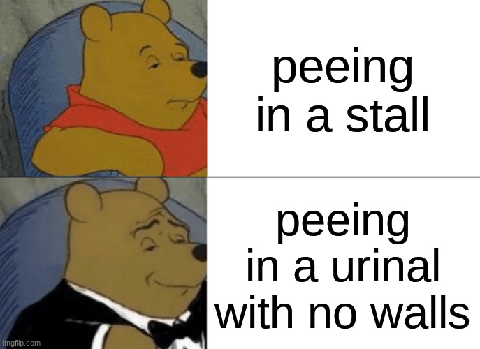 Tuxedo Winnie The Pooh | peeing in a stall; peeing in a urinal with no walls | image tagged in memes,tuxedo winnie the pooh | made w/ Imgflip meme maker