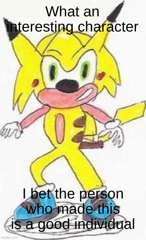 i bet this guys a law-abiding citizen | What an interesting character; I bet the person who made this is a good individual | image tagged in sonic,pikachu,meme | made w/ Imgflip meme maker