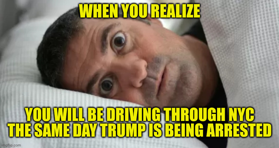 Also hoping not to get shot at while driving to Florida. Maga pinheads aren't known for their manners | WHEN YOU REALIZE; YOU WILL BE DRIVING THROUGH NYC THE SAME DAY TRUMP IS BEING ARRESTED | image tagged in unsettled man | made w/ Imgflip meme maker