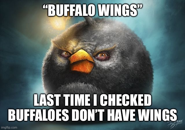 angry birds bomb | “BUFFALO WINGS”; LAST TIME I CHECKED BUFFALOES DON’T HAVE WINGS | image tagged in angry birds bomb | made w/ Imgflip meme maker