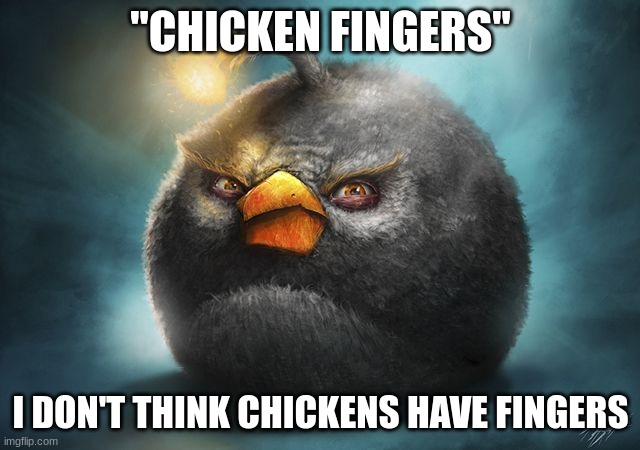 angry birds bomb | "CHICKEN FINGERS"; I DON'T THINK CHICKENS HAVE FINGERS | image tagged in angry birds bomb | made w/ Imgflip meme maker