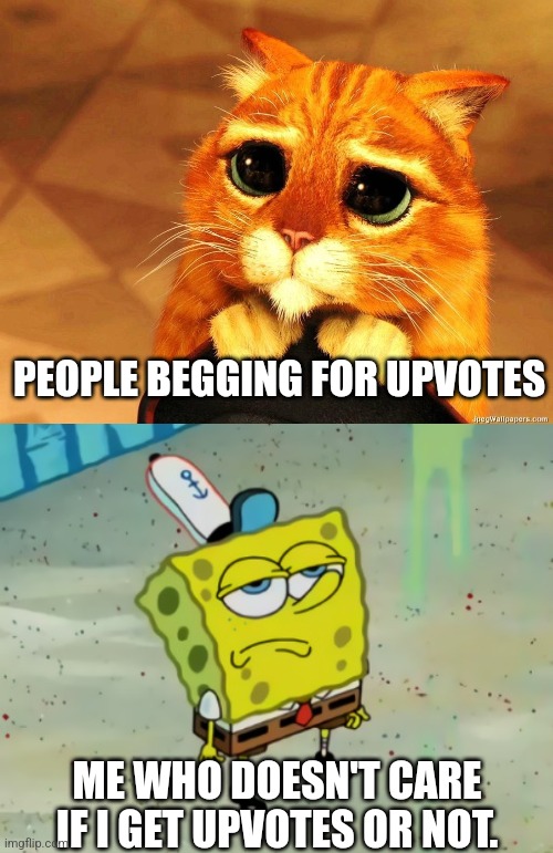 I don't care if I get upvotes. As long as you enjoy the meme. We're good. | PEOPLE BEGGING FOR UPVOTES; ME WHO DOESN'T CARE IF I GET UPVOTES OR NOT. | image tagged in memes,facts,upvotes,upvote begging,relatable | made w/ Imgflip meme maker