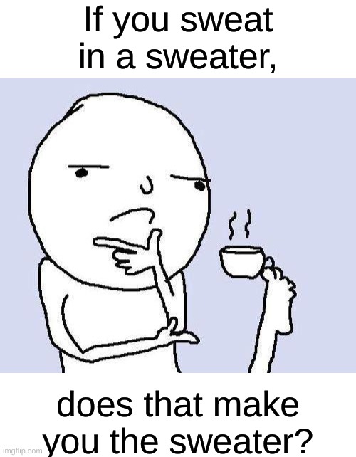 Hmmmmmmmmmmmmmm.... | If you sweat in a sweater, does that make you the sweater? | image tagged in thinking meme,hmmmmmmm,hmm yes the floor here is made out of floor,thinking,memes | made w/ Imgflip meme maker
