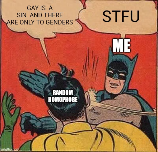 No | GAY IS  A SIN  AND THERE ARE ONLY TO GENDERS; STFU; ME; RANDOM HOMOPHOBE | image tagged in memes,batman slapping robin,stfu,homophobe,2 genders,why are you reading the tags | made w/ Imgflip meme maker