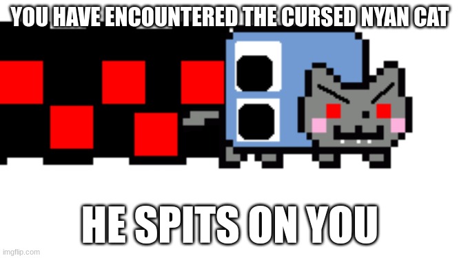 CURSED NYAN CAT | YOU HAVE ENCOUNTERED THE CURSED NYAN CAT; HE SPITS ON YOU | image tagged in memes | made w/ Imgflip meme maker