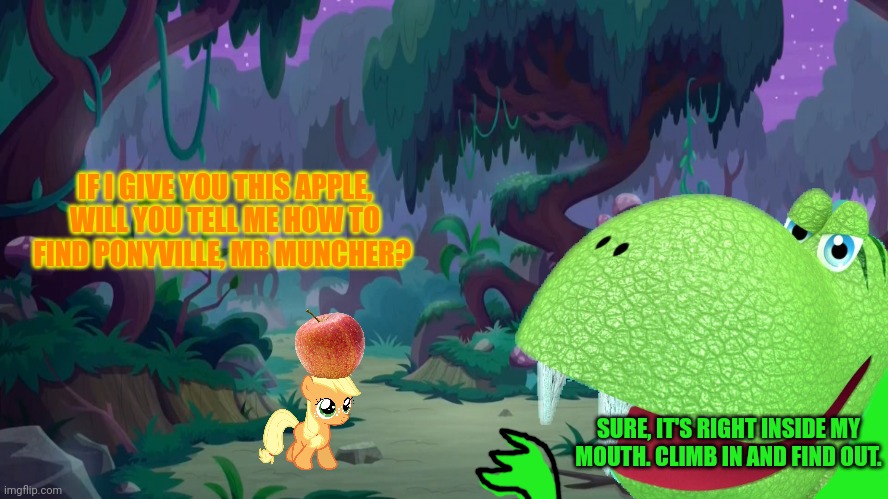 Filly applejack | IF I GIVE YOU THIS APPLE, WILL YOU TELL ME HOW TO FIND PONYVILLE, MR MUNCHER? SURE, IT'S RIGHT INSIDE MY MOUTH. CLIMB IN AND FIND OUT. | image tagged in baby,applejack,lost in the woods,mlp | made w/ Imgflip meme maker