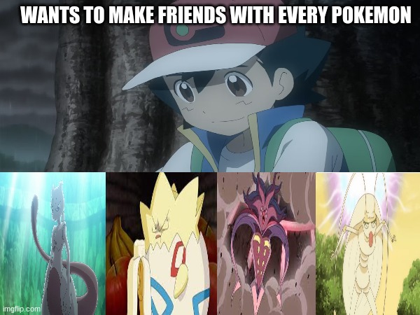 Good luck achieving that dream, buddy | WANTS TO MAKE FRIENDS WITH EVERY POKEMON | image tagged in pokemon,ash ketchum | made w/ Imgflip meme maker