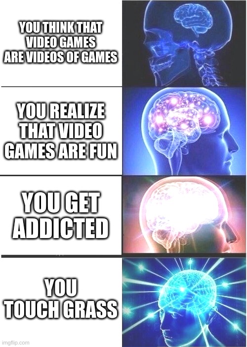 Expanding Brain | YOU THINK THAT VIDEO GAMES ARE VIDEOS OF GAMES; YOU REALIZE THAT VIDEO GAMES ARE FUN; YOU GET ADDICTED; YOU TOUCH GRASS | image tagged in memes,expanding brain | made w/ Imgflip meme maker