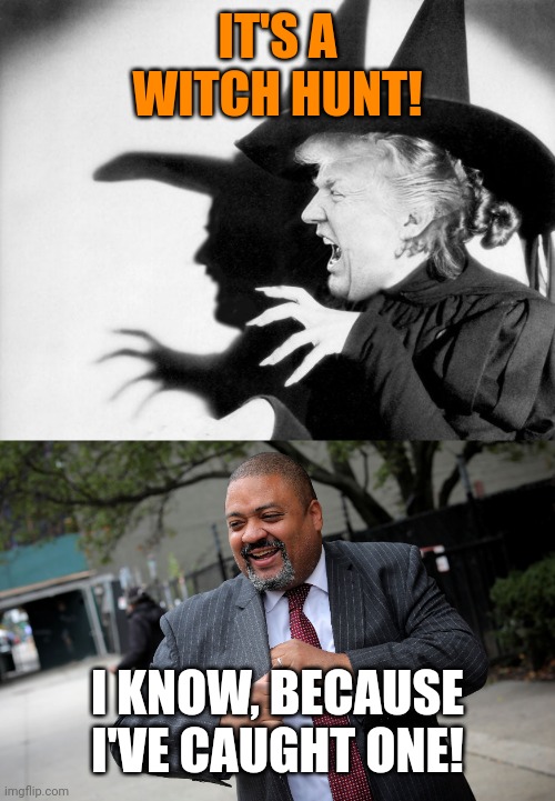 Bring on the bucket of water. | IT'S A WITCH HUNT! I KNOW, BECAUSE I'VE CAUGHT ONE! | image tagged in witch hunt,stupid criminals,law and order | made w/ Imgflip meme maker