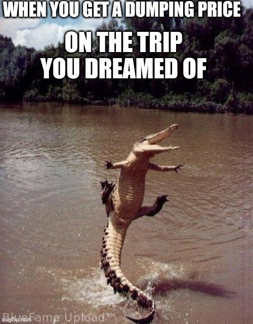 Happy Crocodile | WHEN YOU GET A DUMPING PRICE; ON THE TRIP YOU DREAMED OF | image tagged in happy crocodile | made w/ Imgflip meme maker