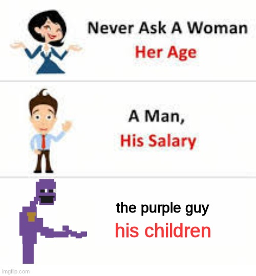 purple meme | the purple guy; his children | image tagged in never ask a woman her age,never ask william about his children | made w/ Imgflip meme maker
