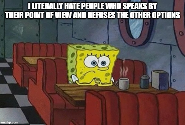 If you're this person, i literally hate you | I LITERALLY HATE PEOPLE WHO SPEAKS BY THEIR POINT OF VIEW AND REFUSES THE OTHER OPTIONS | image tagged in spongebob sitting alone | made w/ Imgflip meme maker