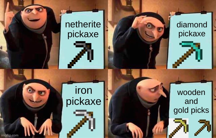 everybody | diamond pickaxe; netherite pickaxe; iron pickaxe; wooden and gold picks | image tagged in memes,gru's plan | made w/ Imgflip meme maker