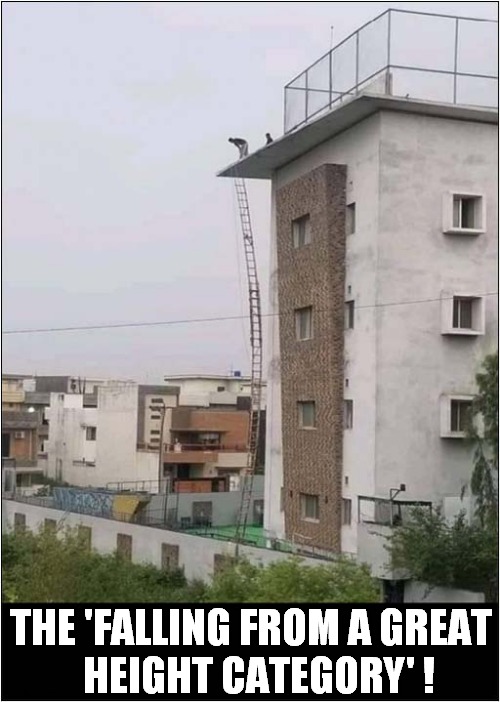 Darwin Award Competitor ! | THE 'FALLING FROM A GREAT
  HEIGHT CATEGORY' ! | image tagged in darwin awards,competitor,height,dark humour | made w/ Imgflip meme maker
