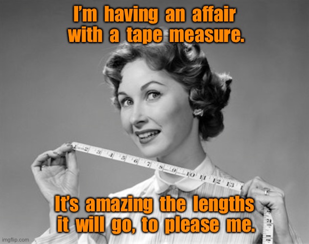 Having an affair | I’m  having  an  affair  with  a  tape  measure. It’s  amazing  the  lengths  it  will  go,  to  please  me. | image tagged in woman with tape,affair with tape measure,amazed the length it goes,to please,dark humour | made w/ Imgflip meme maker