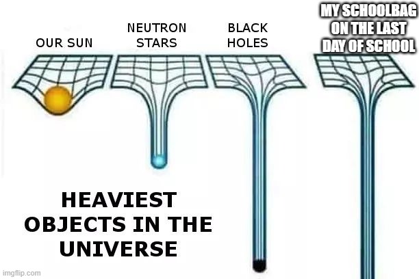 heaviest things on earth | MY SCHOOLBAG ON THE LAST DAY OF SCHOOL | image tagged in heaviest things | made w/ Imgflip meme maker