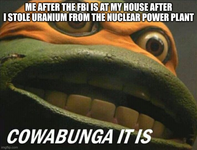 Cowabunga | ME AFTER THE FBI IS AT MY HOUSE AFTER I STOLE URANIUM FROM THE NUCLEAR POWER PLANT | image tagged in cowabunga it is | made w/ Imgflip meme maker