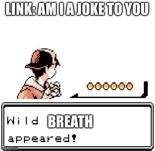 Link says am i a joke to you | LINK: AM I A JOKE TO YOU; BREATH | image tagged in blank wild pokemon appears | made w/ Imgflip meme maker