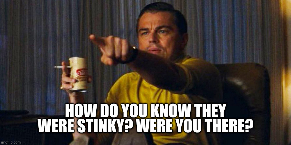 Leo pointing | HOW DO YOU KNOW THEY WERE STINKY? WERE YOU THERE? | image tagged in leo pointing | made w/ Imgflip meme maker