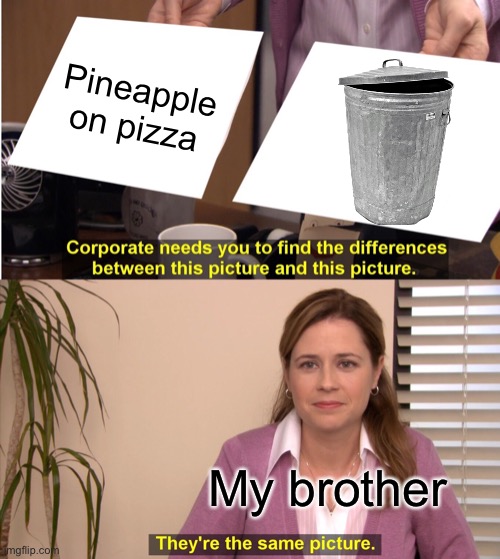 (Mod note) it is bad though | Pineapple on pizza; My brother | image tagged in memes,they're the same picture | made w/ Imgflip meme maker