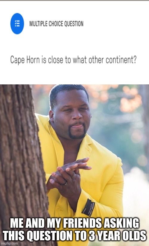 Say "Cape Horn" and you'll understand | ME AND MY FRIENDS ASKING THIS QUESTION TO 3 YEAR OLDS | image tagged in black guy hiding behind tree | made w/ Imgflip meme maker