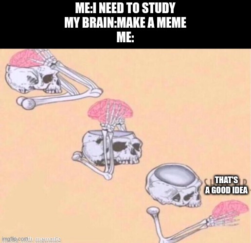 skeleton shut up meme | ME:I NEED TO STUDY
MY BRAIN:MAKE A MEME
ME: THAT'S A GOOD IDEA | image tagged in skeleton shut up meme | made w/ Imgflip meme maker