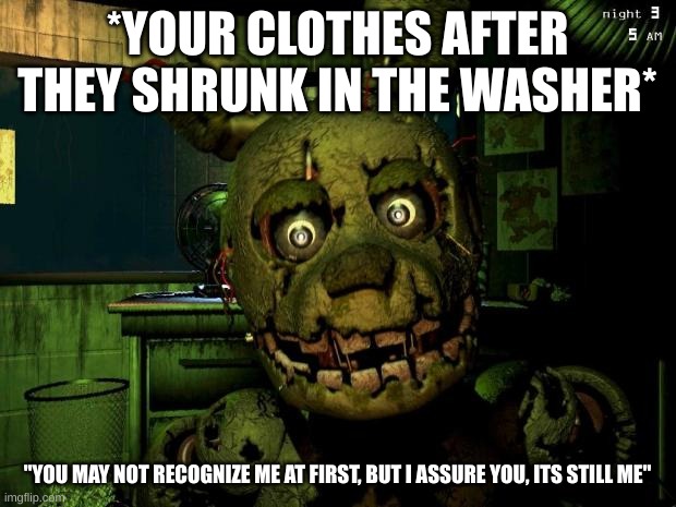 springtrap | *YOUR CLOTHES AFTER THEY SHRUNK IN THE WASHER*; "YOU MAY NOT RECOGNIZE ME AT FIRST, BUT I ASSURE YOU, ITS STILL ME" | image tagged in springtrap | made w/ Imgflip meme maker