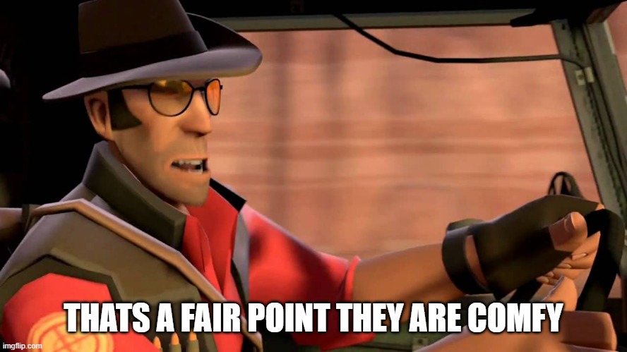 TF2 Sniper driving | THATS A FAIR POINT THEY ARE COMFY | image tagged in tf2 sniper driving | made w/ Imgflip meme maker