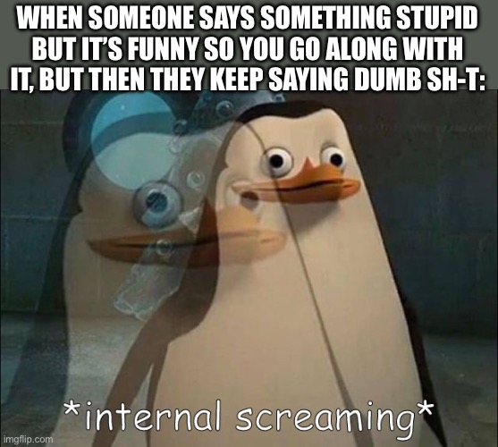 Private Internal Screaming | WHEN SOMEONE SAYS SOMETHING STUPID BUT IT’S FUNNY SO YOU GO ALONG WITH IT, BUT THEN THEY KEEP SAYING DUMB SH-T: | image tagged in private internal screaming | made w/ Imgflip meme maker