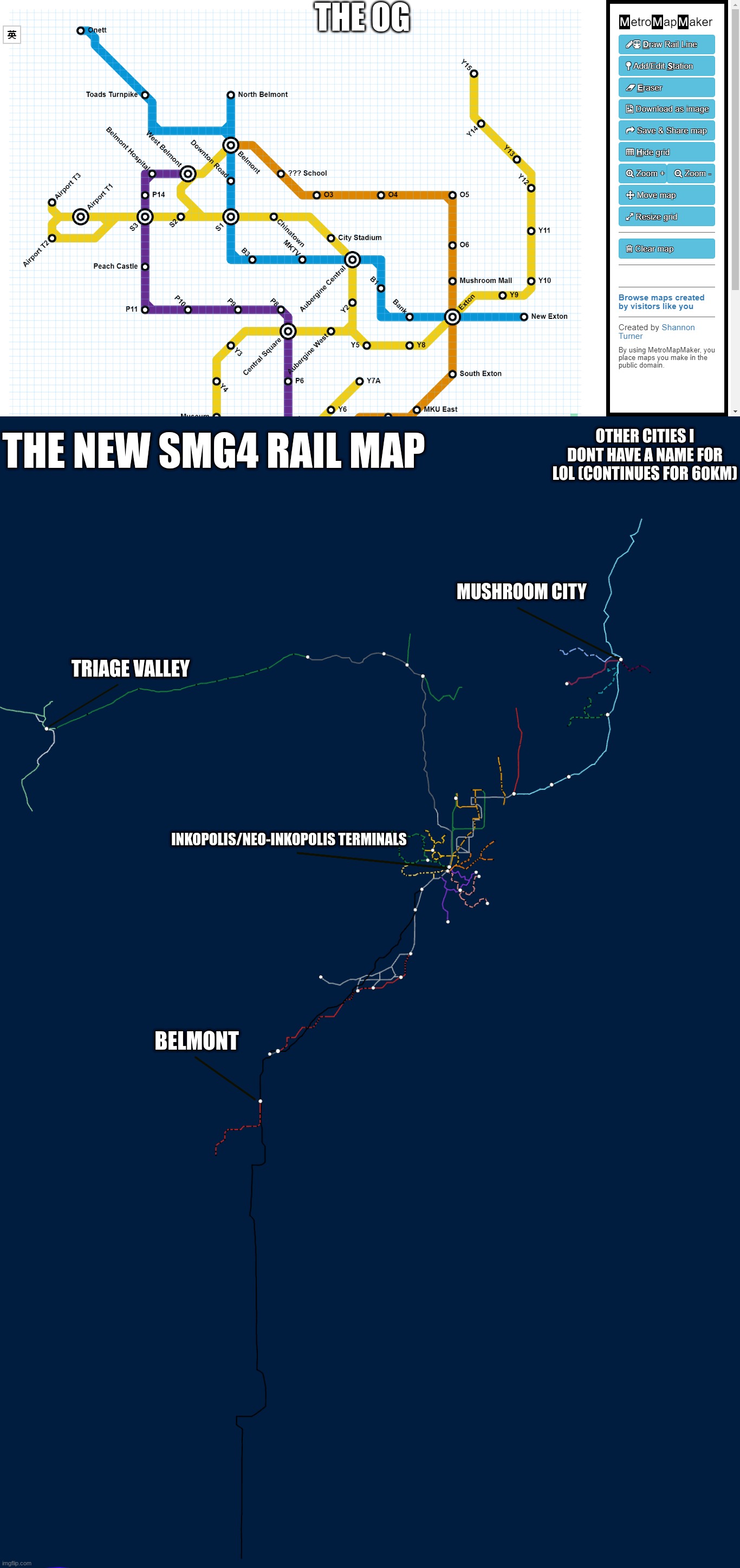 The SMG4 Railmap! (This took way to long lol) | THE OG; THE NEW SMG4 RAIL MAP; OTHER CITIES I DONT HAVE A NAME FOR LOL (CONTINUES FOR 60KM); MUSHROOM CITY; TRIAGE VALLEY; INKOPOLIS/NEO-INKOPOLIS TERMINALS; BELMONT | image tagged in smg4,drawings | made w/ Imgflip meme maker