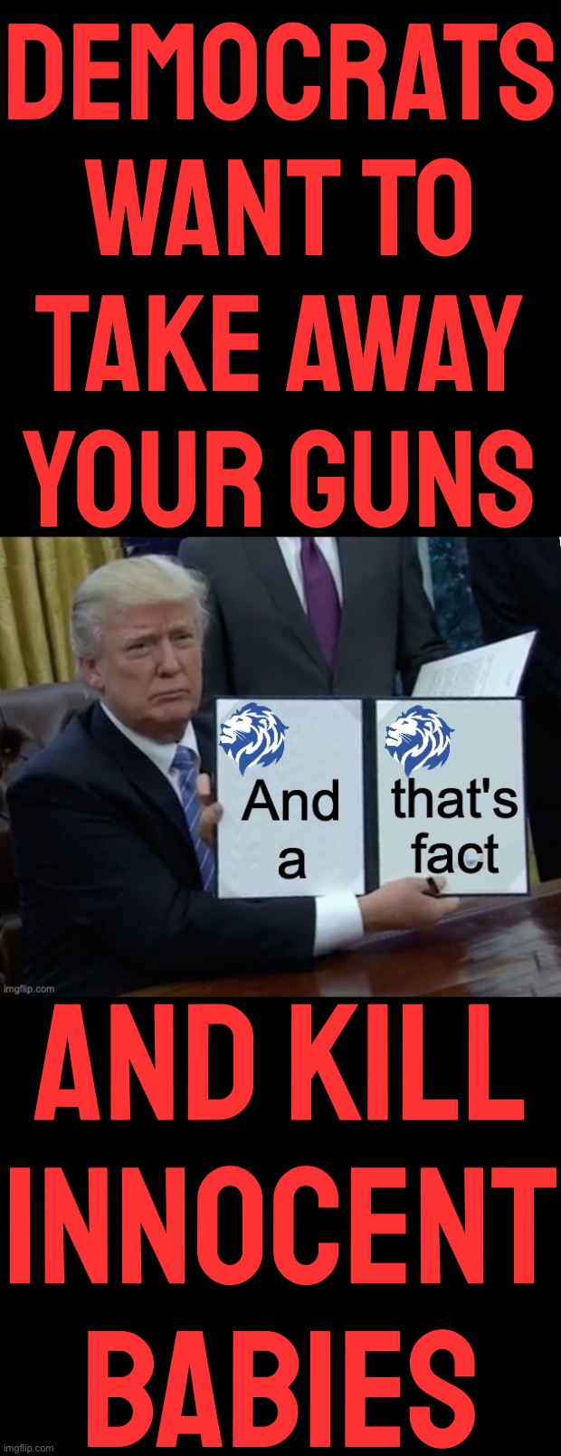 DEMOCRATS WANT TO TAKE AWAY YOUR GUNS; AND KILL INNOCENT BABIES | image tagged in black background,donald trump conservative party and that s a fact | made w/ Imgflip meme maker