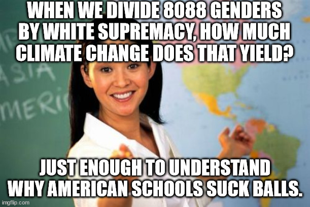 Why American Schools Suck Balls | WHEN WE DIVIDE 8088 GENDERS BY WHITE SUPREMACY, HOW MUCH CLIMATE CHANGE DOES THAT YIELD? JUST ENOUGH TO UNDERSTAND WHY AMERICAN SCHOOLS SUCK BALLS. | image tagged in public schools,suck,indoctrination | made w/ Imgflip meme maker