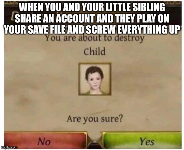 You are about to destroy Child | WHEN YOU AND YOUR LITTLE SIBLING SHARE AN ACCOUNT AND THEY PLAY ON YOUR SAVE FILE AND SCREW EVERYTHING UP | image tagged in you are about to destroy child | made w/ Imgflip meme maker