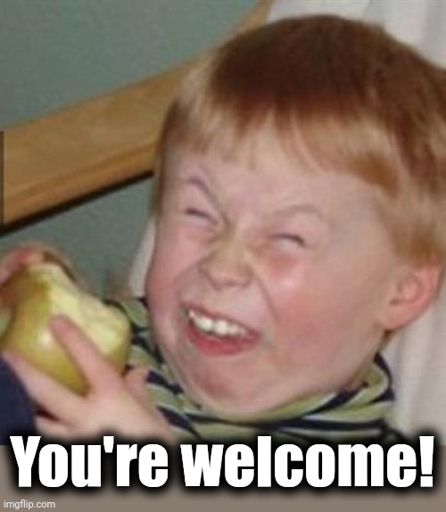 laughing kid | You're welcome! | image tagged in laughing kid | made w/ Imgflip meme maker