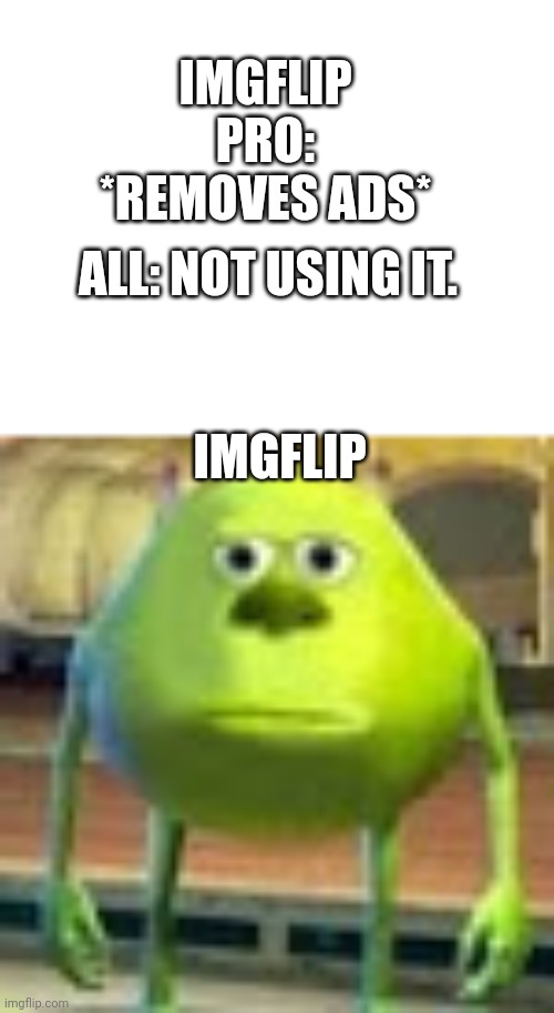 Ok | IMGFLIP PRO: *REMOVES ADS*; ALL: NOT USING IT. IMGFLIP | image tagged in sully wazowski | made w/ Imgflip meme maker
