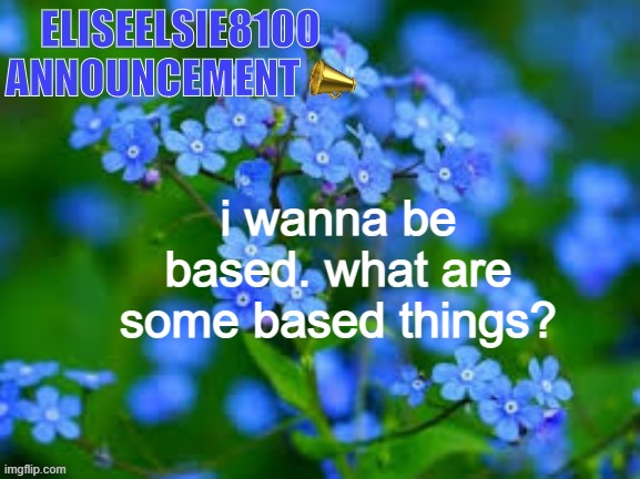 EliseElsie8100 Announcement | i wanna be based. what are some based things? | image tagged in eliseelsie8100 announcement | made w/ Imgflip meme maker