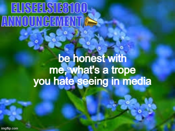 EliseElsie8100 Announcement | be honest with me, what's a trope you hate seeing in media | image tagged in eliseelsie8100 announcement | made w/ Imgflip meme maker