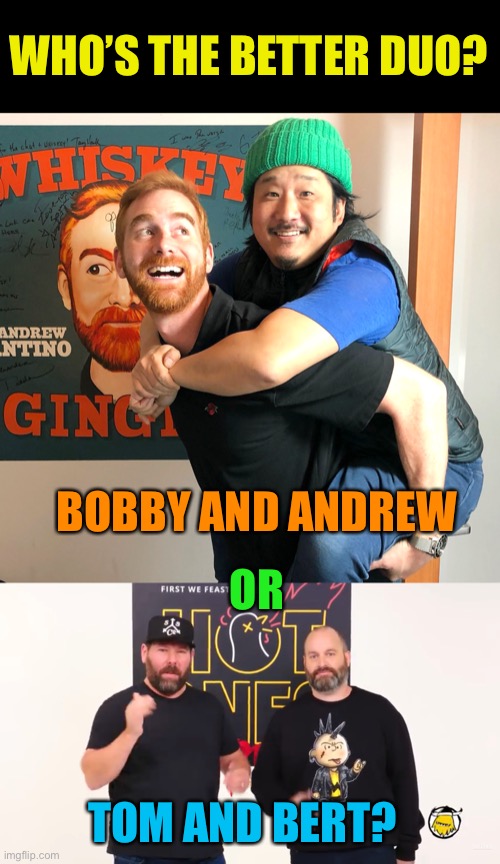 Give a pick | WHO’S THE BETTER DUO? BOBBY AND ANDREW; OR; TOM AND BERT? | image tagged in duo | made w/ Imgflip meme maker