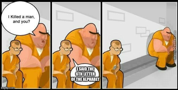 prisoners blank | I SAID THE 6TH LETTER OF THE ALPHABET | image tagged in prisoners blank | made w/ Imgflip meme maker